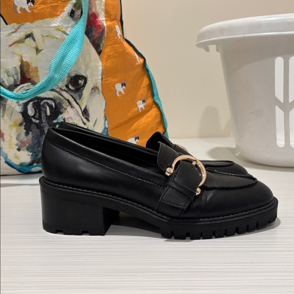 Marc Fisher Black Leather Loafers with Gold Buckle Accent - Picture 2 of 2